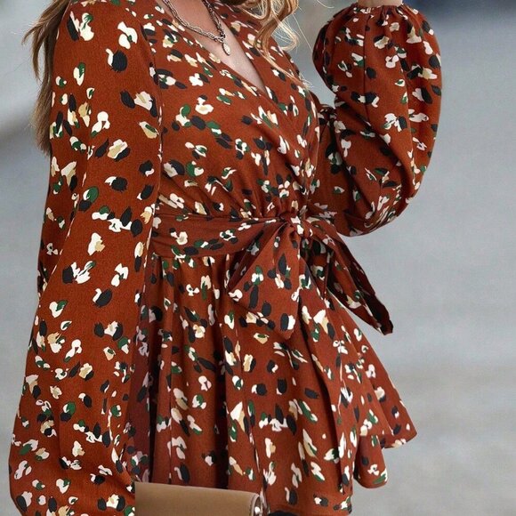 Brown Casual Women's Allover Print Lantern Sleeve Belted Peplum Blouse - Picture 3 of 6